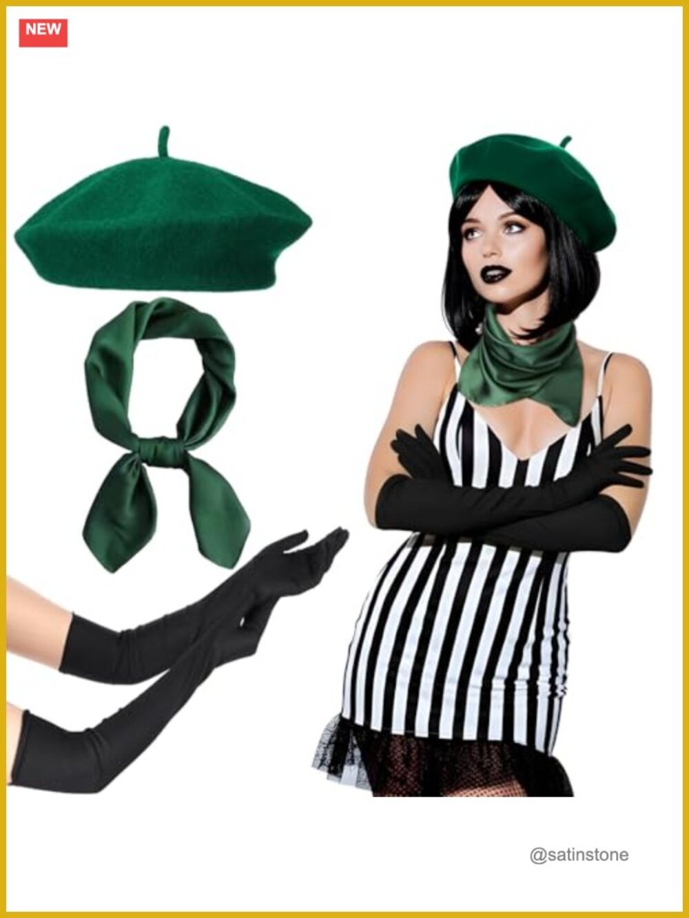 3 Pc French Mime Costume Set Beret Scarf Gloves Wool Nylon